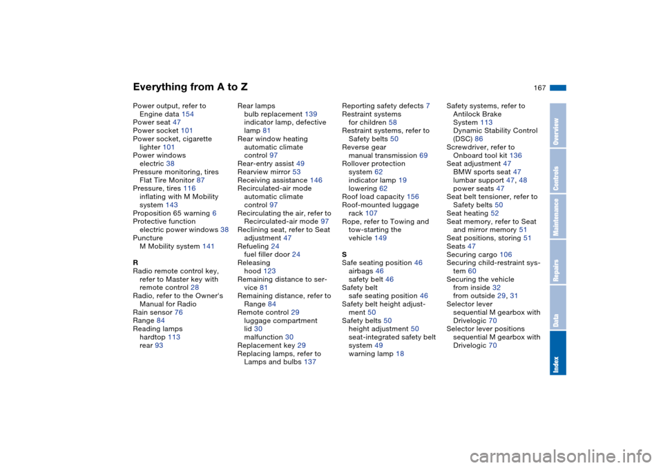BMW M3 CONVERTIBLE 2006 E46 Workshop Manual Everything from A to Z
167
Power output, refer to 
Engine data 154
Power seat 47
Power socket 101
Power socket, cigarette 
lighter 101
Power windows
electric 38
Pressure monitoring, tires
Flat Tire Mo