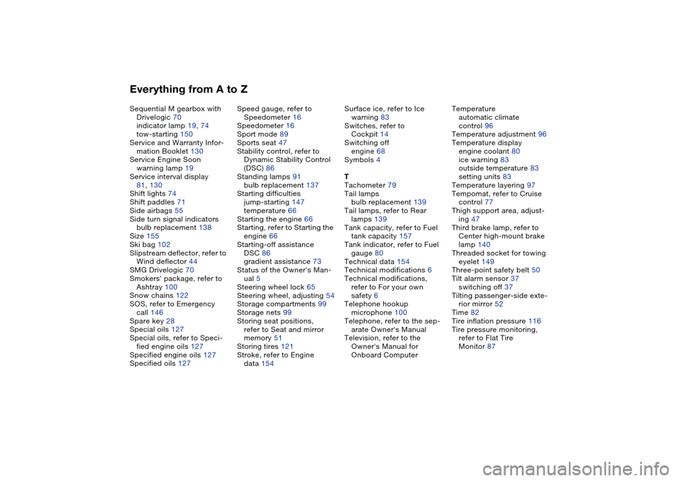 BMW M3 CONVERTIBLE 2006 E46 Workshop Manual Everything from A to ZSequential M gearbox with 
Drivelogic 70
indicator lamp 19, 74
tow-starting 150
Service and Warranty Infor-
mation Booklet 130
Service Engine Soon
warning lamp 19
Service interva