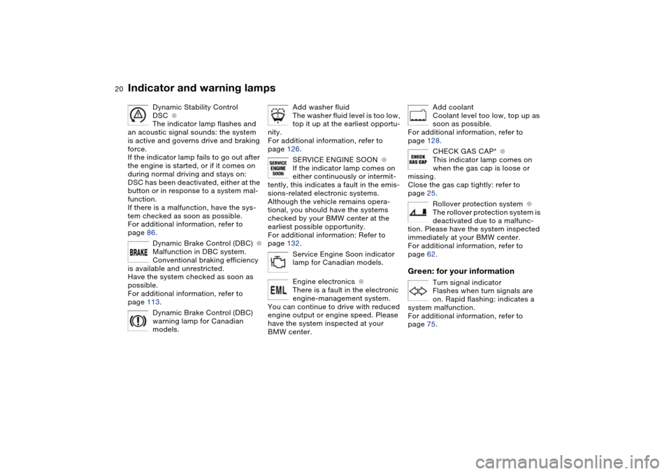 BMW M3 CONVERTIBLE 2006 E46 Owners Manual  
20
Dynamic Stability Control 
DSC
 
●
 
The indicator lamp flashes and 
an acoustic signal sounds: the system 
is active and governs drive and braking 
force.
If the indicator lamp fails to go out