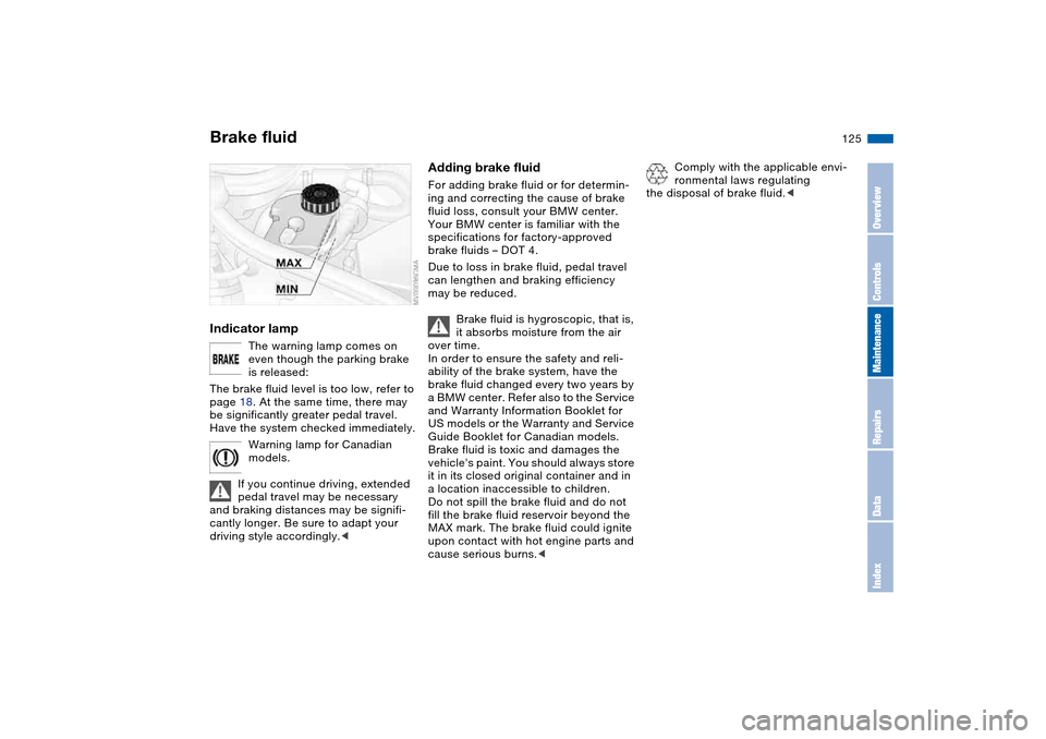 BMW M3 COUPE 2006 E46 Owners Manual 125
Brake fluidIndicator lamp
The warning lamp comes on
even though the parking brake
is released:
The brake fluid level is too low, refer to
page 18. At the same time, there may
be significantly BMW M3 COUPE 2006 E46 Owners Manual 125
Brake fluidIndicator lamp
The warning lamp comes on
even though the parking brake
is released:
The brake fluid level is too low, refer to
page 18. At the same time, there may
be significantly