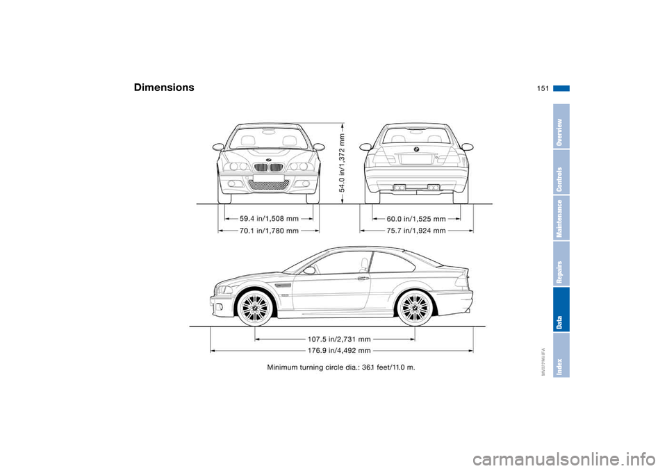 BMW M3 COUPE 2006 E46 Owners Manual 151
Dimensions
OverviewControlsMaintenanceRepairsDataIndex BMW M3 COUPE 2006 E46 Owners Manual 151
Dimensions
OverviewControlsMaintenanceRepairsDataIndex