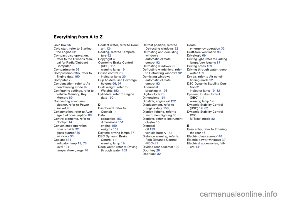BMW M3 COUPE 2006 E46 Owners Manual Everything from A to ZCoin box 96
Cold start, refer to Starting 
the engine 62
Compact disc operation, 
refer to the Owners Man-
ual for Radio/Onboard 
Computer
Compartments 96
Compression ratio, ref