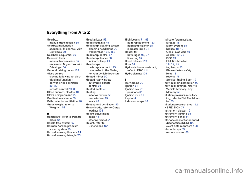 BMW M3 COUPE 2006 E46 Owners Manual Everything from A to ZGearbox
manual transmission 65
Gearbox malfunction
sequential M gearbox with 
Drivelogic 70
Gearbox, sequential 66
Gearshift lever
manual transmission 65
sequential M gearbox wit