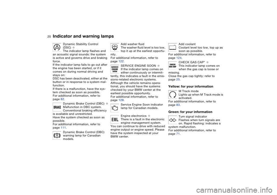 BMW M3 COUPE 2006 E46 User Guide  
20
Dynamic Stability Control 
(DSC)
 
●
 
The indicator lamp flashes and 
an acoustic signal sounds: the system 
is active and governs drive and braking 
force.
If the indicator lamp fails to go o