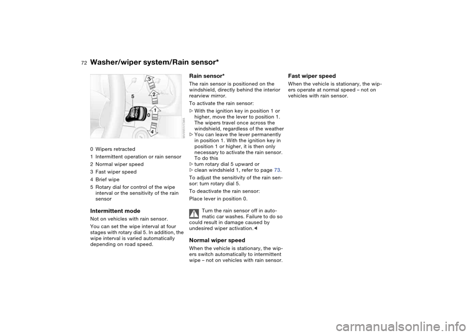 BMW M3 COUPE 2006 E46 Owners Manual 72
Washer/wiper system/Rain sensor*0Wipers retracted
1Intermittent operation or rain sensor
2Normal wiper speed
3Fast wiper speed
4Brief wipe
5Rotary dial for control of the wipe
interval or the sens BMW M3 COUPE 2006 E46 Owners Manual 72
Washer/wiper system/Rain sensor*0Wipers retracted
1Intermittent operation or rain sensor
2Normal wiper speed
3Fast wiper speed
4Brief wipe
5Rotary dial for control of the wipe
interval or the sens