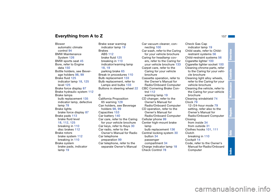 BMW M3 COUPE 2004 E46 Owners Manual Everything from A to Z
157
Blower
automatic climate 
control 94
BMW Maintenance 
System 126
BMW sports seat 45
Bore, refer to Engine 
data 150
Bottle holders, see Bever-
age holders 98, 99
Brake fluid