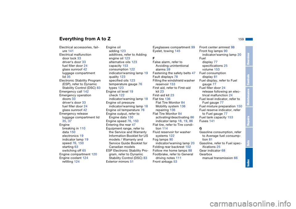 BMW M3 COUPE 2004 E46 Owners Manual Everything from A to Z
159
Electrical accessories, fail-
ure 141
Electrical malfunction
door lock 33
drivers door 33
fuel filler door 24
glass sunroof 42
luggage compartment
lid 35
Electronic Stabili