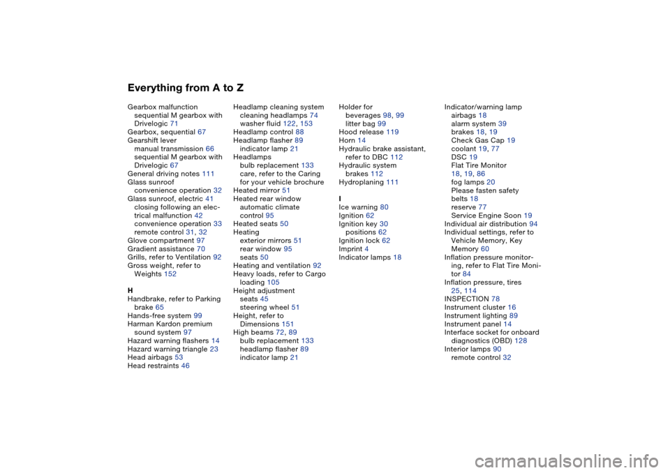 BMW M3 COUPE 2004 E46 User Guide Everything from A to ZGearbox malfunction
sequential M gearbox with 
Drivelogic 71
Gearbox, sequential 67
Gearshift lever
manual transmission 66
sequential M gearbox with 
Drivelogic 67
General drivin