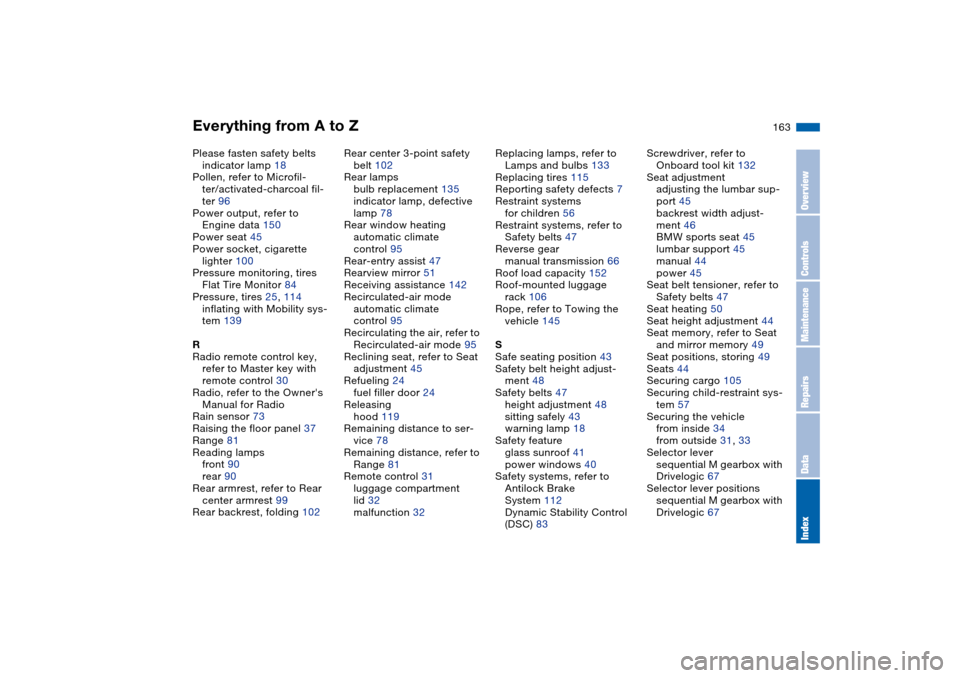 BMW M3 COUPE 2004 E46 Owners Manual Everything from A to Z
163
Please fasten safety belts
indicator lamp 18
Pollen, refer to Microfil-
ter/activated-charcoal fil-
ter 96
Power output, refer to 
Engine data 150
Power seat 45
Power socket