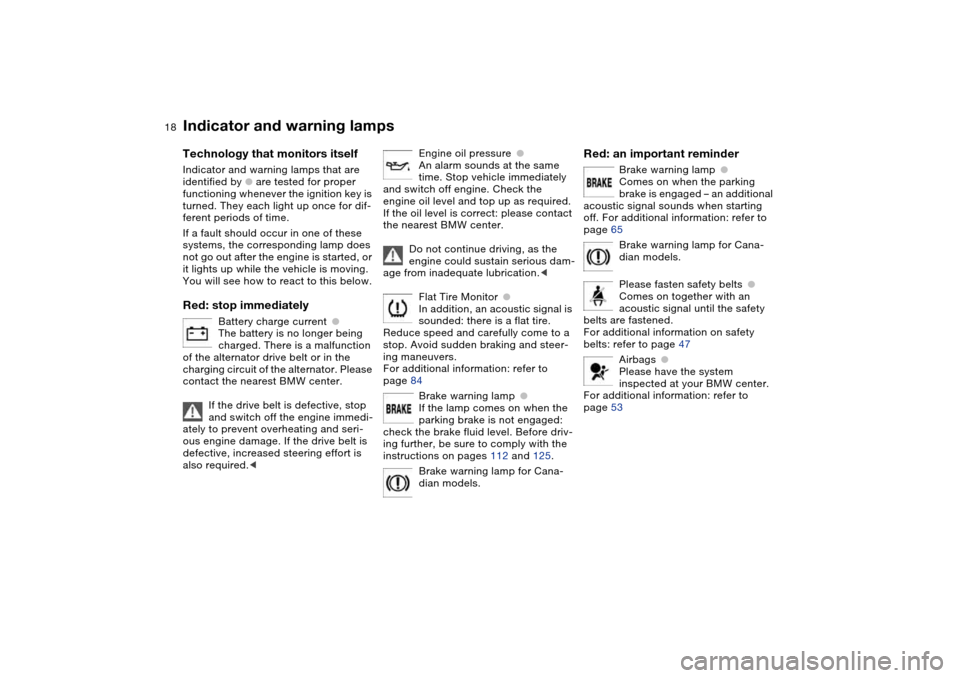 BMW M3 COUPE 2004 E46 Owners Manual  
18
 
Indicator and warning lamps
 
Technology that monitors itself
 
Indicator and warning lamps that are 
identified by 
 
●
 
 are tested for proper 
functioning whenever the ignition key is 
tu