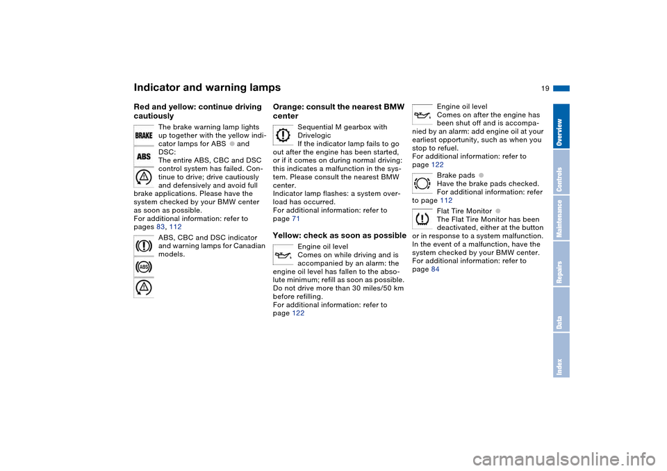 BMW M3 COUPE 2004 E46 Owners Manual  
19
 
Red and yellow: continue driving 
cautiously
 
The brake warning lamp lights 
up together with the yellow indi-
cator lamps for ABS
 
●
 
 and 
DSC:
The entire ABS, CBC and DSC 
control syste