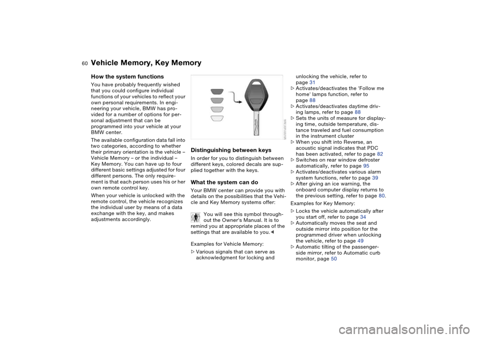 BMW M3 COUPE 2004 E46 Owners Manual 60
Vehicle Memory, Key MemoryHow the system functionsYou have probably frequently wished 
that you could configure individual 
functions of your vehicles to reflect your 
own personal requirements. In