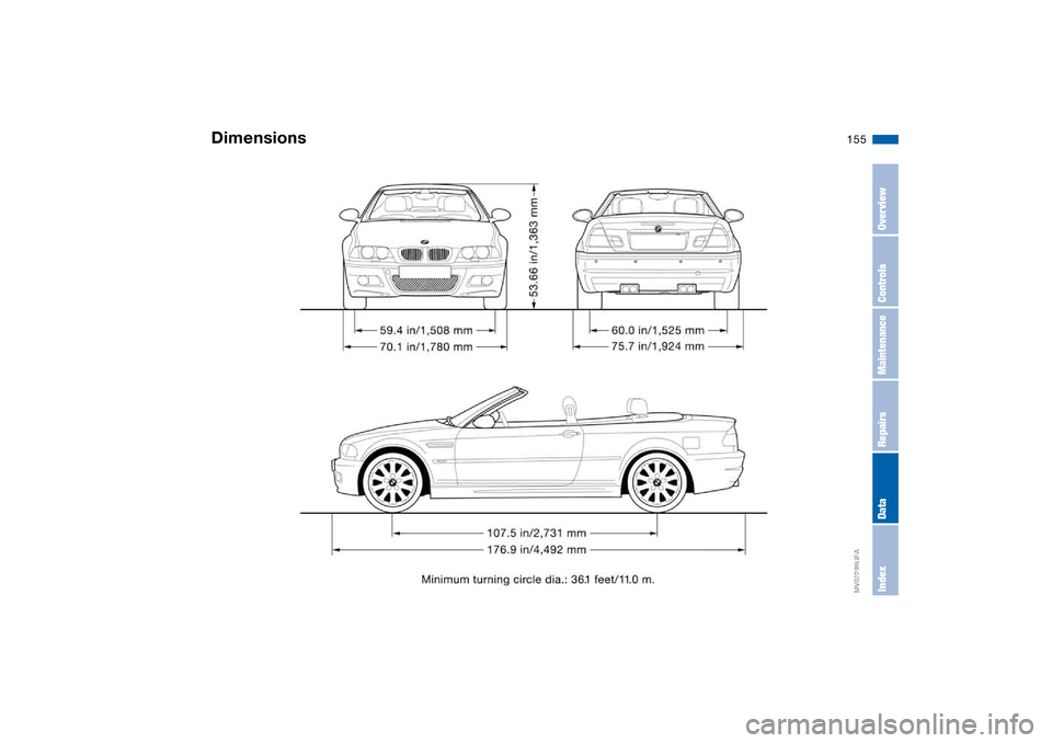 BMW M3 CONVERTIBLE 2004 E46 Owners Manual 155
Dimensions
OverviewControlsMaintenanceRepairsDataIndex 