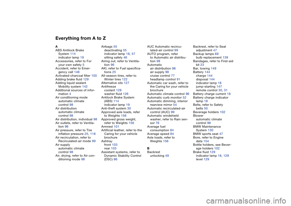 BMW M3 CONVERTIBLE 2004 E46 User Guide Everything from A to ZA
ABS Antilock Brake 
System 114
indicator lamp 19
Accessories, refer to For 
your own safety 5
Accident, refer to Emer-
gency call 146
Activated-charcoal filter 100
Adding brake