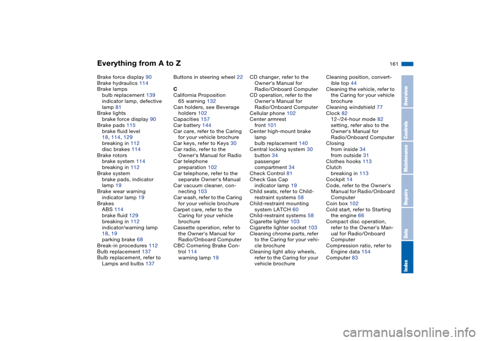 BMW M3 CONVERTIBLE 2004 E46 Owners Manual Everything from A to Z
161
Brake force display 90
Brake hydraulics 114
Brake lamps
bulb replacement 139
indicator lamp, defective 
lamp 81
Brake lights
brake force display 90
Brake pads 115
brake flui