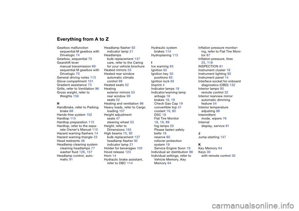 BMW M3 CONVERTIBLE 2004 E46 User Guide Everything from A to ZGearbox malfunction
sequential M gearbox with 
Drivelogic 74
Gearbox, sequential 70
Gearshift lever
manual transmission 69
sequential M gearbox with 
Drivelogic 70
General drivin