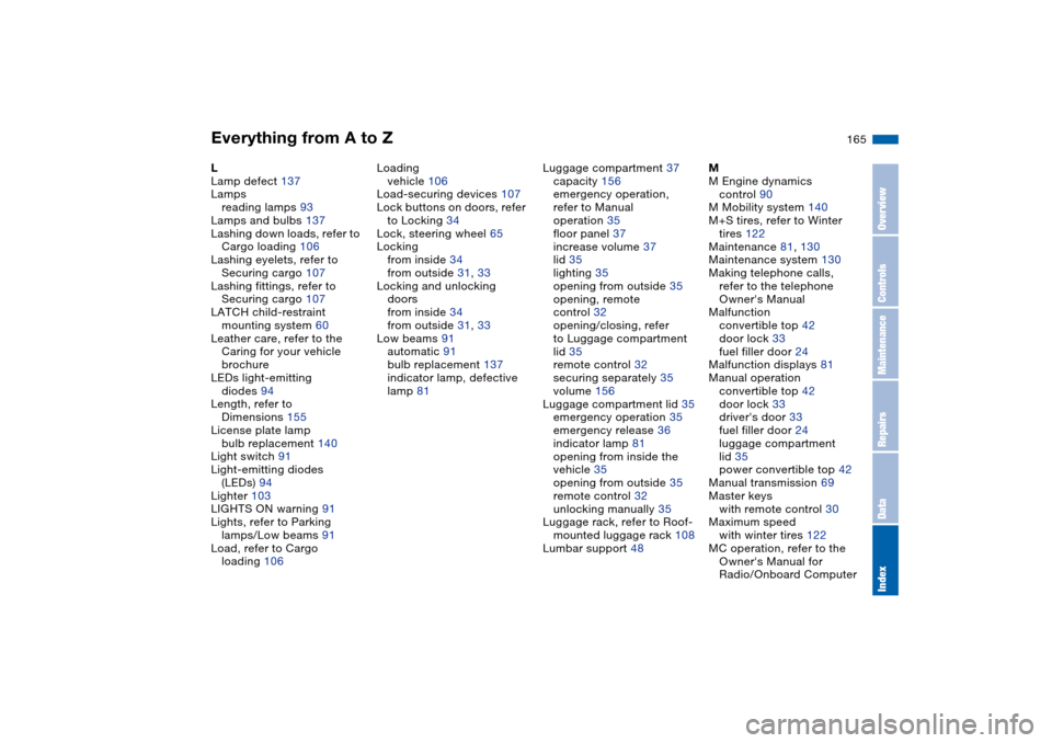 BMW M3 CONVERTIBLE 2004 E46 Owners Manual Everything from A to Z
165
L
Lamp defect 137
Lamps
reading lamps 93
Lamps and bulbs 137
Lashing down loads, refer to 
Cargo loading 106
Lashing eyelets, refer to 
Securing cargo 107
Lashing fittings, 