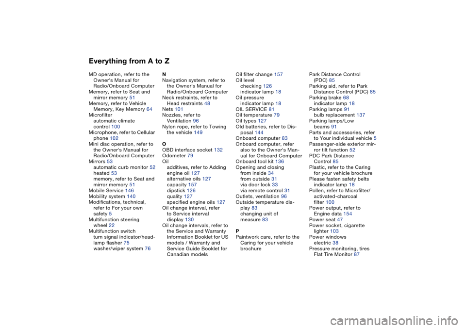 BMW M3 CONVERTIBLE 2004 E46 User Guide Everything from A to ZMD operation, refer to the 
Owners Manual for 
Radio/Onboard Computer
Memory, refer to Seat and 
mirror memory 51
Memory, refer to Vehicle 
Memory, Key Memory 64
Microfilter
aut