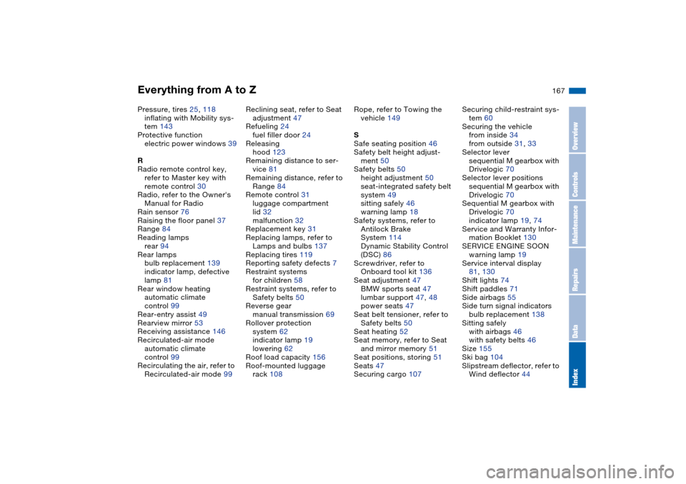 BMW M3 CONVERTIBLE 2004 E46 Owners Manual Everything from A to Z
167
Pressure, tires 25, 118
inflating with Mobility sys-
tem 143
Protective function
electric power windows 39
R
Radio remote control key, 
refer to Master key with 
remote cont