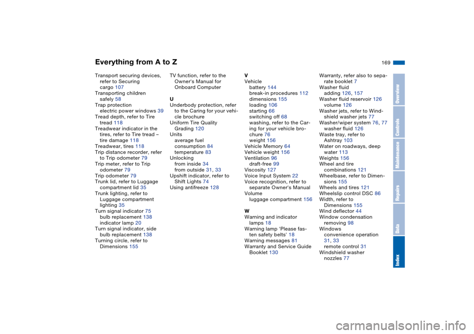 BMW M3 CONVERTIBLE 2004 E46 User Guide Everything from A to Z
169
Transport securing devices, 
refer to Securing 
cargo 107
Transporting children 
safely 58
Trap protection
electric power windows 39
Tread depth, refer to Tire 
tread 118
Tr