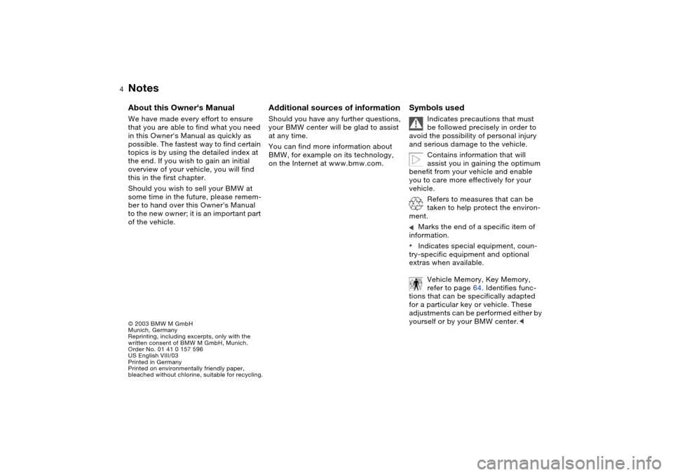 BMW M3 CONVERTIBLE 2004 E46 Owners Manual
4
Notes
© 2003 BMW M GmbH
Munich, Germany
Reprinting, including excerpts, only with the
written consent of BMW M GmbH, Munich.
Order No. 01 41 0 157 596
US English VIII/03
Printed in Germany
BMW M3 CONVERTIBLE 2004 E46 Owners Manual
4
Notes
© 2003 BMW M GmbH
Munich, Germany
Reprinting, including excerpts, only with the
written consent of BMW M GmbH, Munich.
Order No. 01 41 0 157 596
US English VIII/03
Printed in Germany
