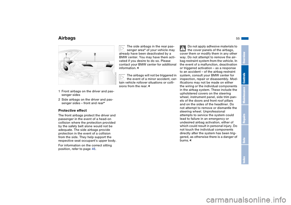 BMW M3 CONVERTIBLE 2004 E46 Owners Manual 55 Passenger safety systems
Airbags1Front airbags on the driver and pas-
senger sides
2Side airbags on the driver and pas-
senger sides – front and rear*Protective effectThe front airbags protect th