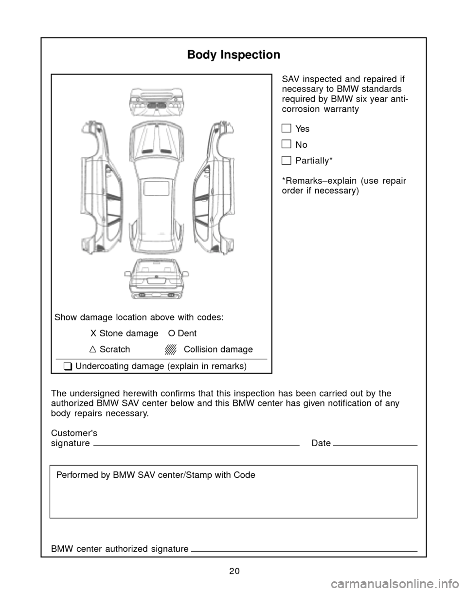 BMW X5 3.0I 2004 E53 Service and warranty information 20SAV inspected and repaired if
necessary to BMW standards
required by BMW six year anti-
corrosion warranty
Ye s
No
Partially*
*Remarks–explain (use repair
order if necessary)
Body Inspection
Show BMW X5 3.0I 2004 E53 Service and warranty information 20SAV inspected and repaired if
necessary to BMW standards
required by BMW six year anti-
corrosion warranty
Ye s
No
Partially*
*Remarks–explain (use repair
order if necessary)
Body Inspection
Show