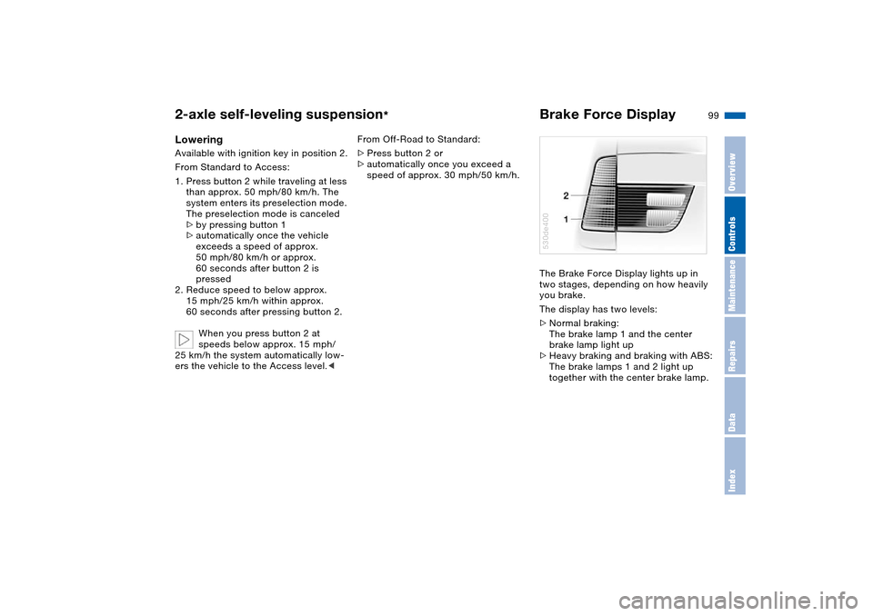 BMW X5 3.0I 2004 E53 Owners Manual 99n
OverviewControlsMaintenanceRepairsDataIndex
2-axle self-leveling suspension
*
Brake Force Display 
Lowering Available with ignition key in position 2.
From Standard to Access:
1. Press button 2 wh