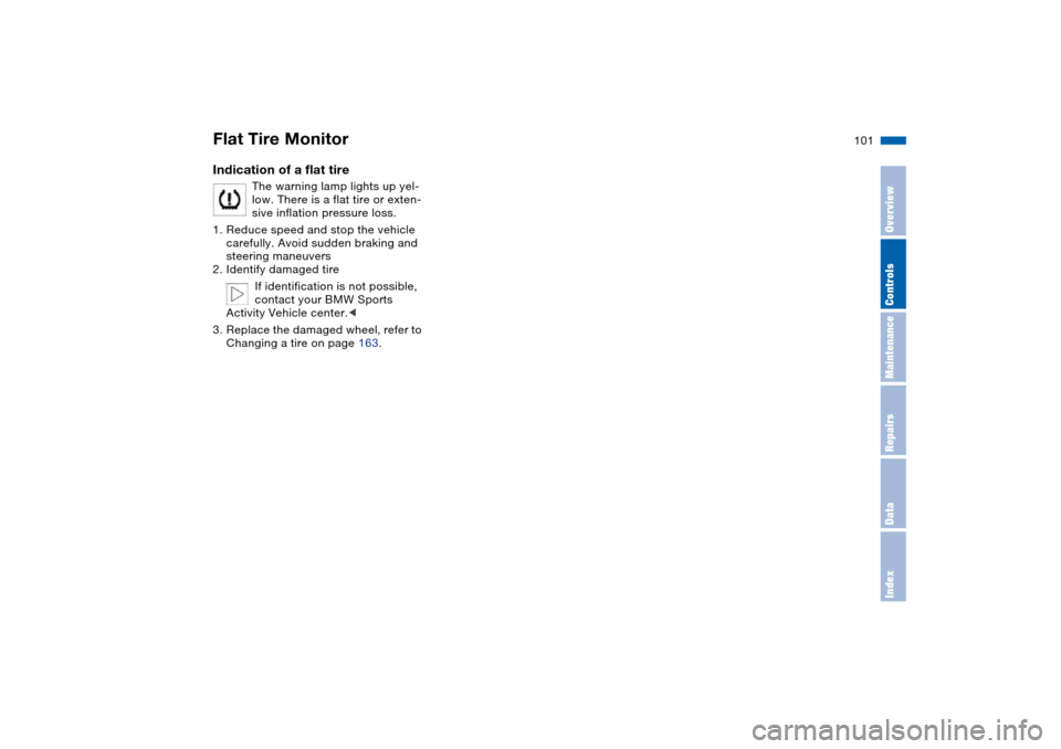BMW X5 3.0I 2004 E53 Owners Manual 101n
OverviewControlsMaintenanceRepairsDataIndex
Flat Tire MonitorIndication of a flat tire 
The warning lamp lights up yel-
low. There is a flat tire or exten-
sive inflation pressure loss.
1. Reduce