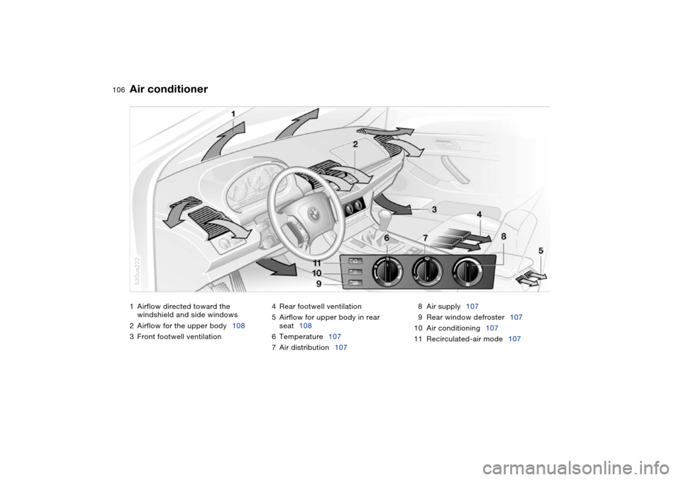 BMW X5 4.4I 2004 E53 Owners Manual 106n
1Airflow directed toward the
windshield and side windows
2Airflow for the upper body108
3Front footwell ventilation 4Rear footwell ventilation
5Airflow for upper body in rear
seat108
6Temperat BMW X5 4.4I 2004 E53 Owners Manual 106n
1Airflow directed toward the
windshield and side windows
2Airflow for the upper body108
3Front footwell ventilation 4Rear footwell ventilation
5Airflow for upper body in rear
seat108
6Temperat