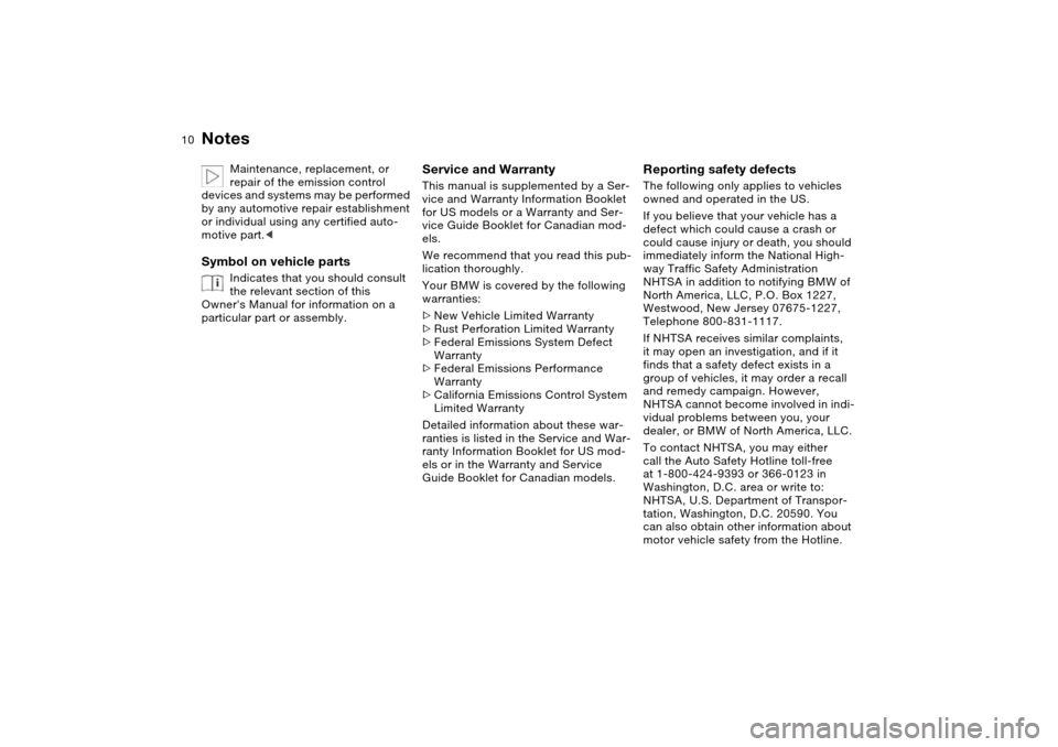 BMW X5 3.0I 2004 E53 Owners Manual  
10n
 
Notes
 
Maintenance, replacement, or 
repair of the emission control 
devices and systems may be performed 
by any automotive repair establishment 
or individual using any certified auto-
moti