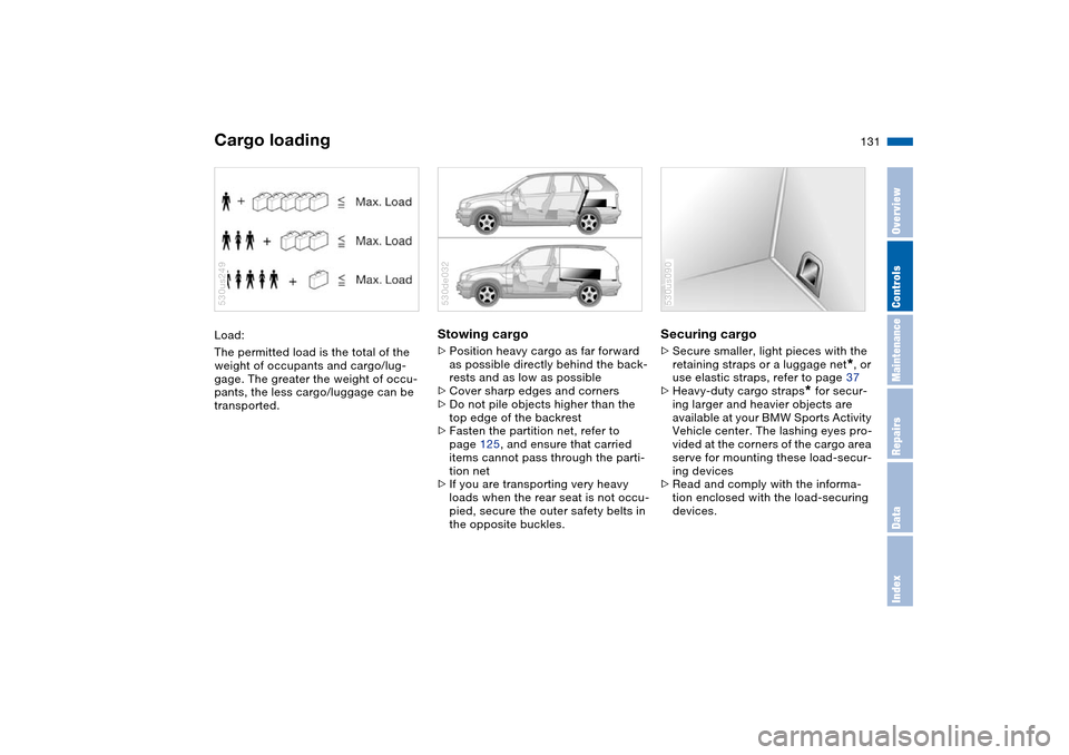 BMW X5 4.8IS 2004 E53 Owners Manual 131n
OverviewControlsMaintenanceRepairsDataIndex
Cargo loadingLoad:
The permitted load is the total of the
weight of occupants and cargo/lug-
gage. The greater the weight of occu-
pants, the less car BMW X5 4.8IS 2004 E53 Owners Manual 131n
OverviewControlsMaintenanceRepairsDataIndex
Cargo loadingLoad:
The permitted load is the total of the
weight of occupants and cargo/lug-
gage. The greater the weight of occu-
pants, the less car