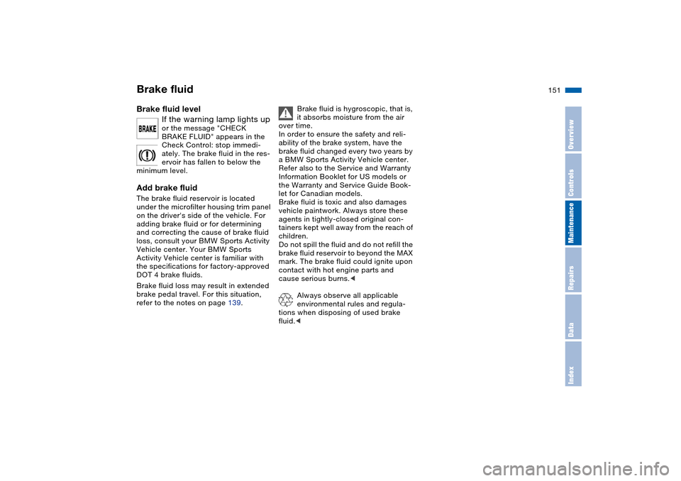 BMW X5 3.0I 2004 E53 Owners Manual 151n
OverviewControlsMaintenanceRepairsDataIndex
Brake fluidBrake fluid level 
If the warning lamp lights up 
or the message "CHECK 
BRAKE FLUID" appears in the 
Check Control: stop immedi-
ately. The