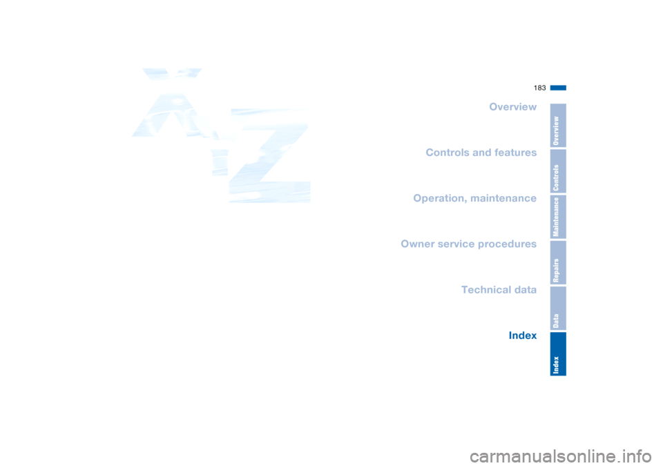 BMW X5 4.8IS 2004 E53 Owners Manual 183n
OverviewControlsMaintenanceRepairsDataIndex
Overview
Controls and features
Operation, maintenance
Owner service procedures
Index Technical data
Stichworte 