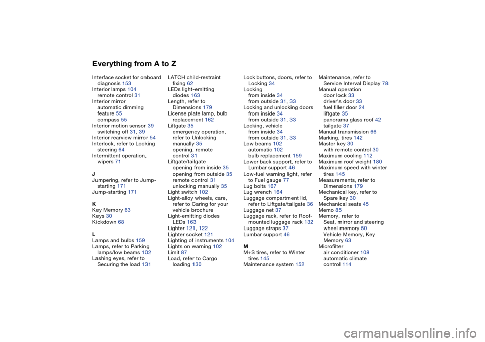 BMW X5 3.0I 2004 E53 Owners Manual Everything from A to ZInterface socket for onboard 
diagnosis 153
Interior lamps 104
remote control 31
Interior mirror
automatic dimming 
feature 55
compass 55
Interior motion sensor 39
switching off 