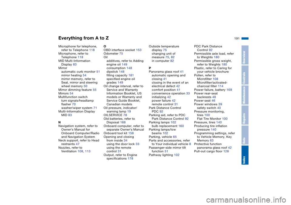 BMW X5 3.0I 2004 E53 User Guide Everything from A to Z
191n
OverviewControlsMaintenanceRepairsDataIndex
Microphone for telephone, 
refer to Telephone 118
Microphone, refer to 
Telephone 118
MID Multi-Information 
Display 83
Mirror
a