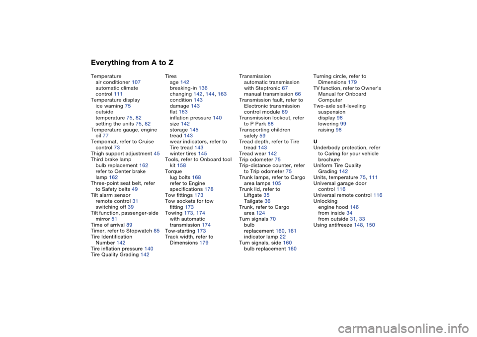 BMW X5 3.0I 2004 E53 Owners Manual Everything from A to ZTemperature
air conditioner 107
automatic climate 
control 111
Temperature display
ice warning 75
outside 
temperature 75, 82
setting the units 75, 82
Temperature gauge, engine 
