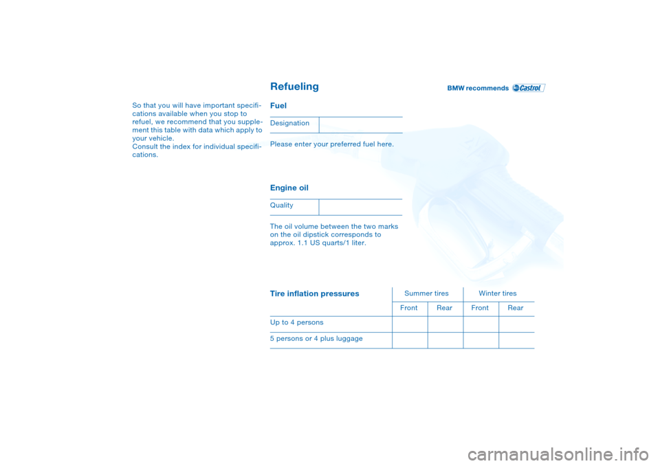 BMW X5 4.8IS 2004 E53 Owners Manual So that you will have important specifi-
cations available when you stop to
refuel, we recommend that you supple-
ment this table with data which apply to
your vehicle.
Consult the index for indivi BMW X5 4.8IS 2004 E53 Owners Manual So that you will have important specifi-
cations available when you stop to
refuel, we recommend that you supple-
ment this table with data which apply to
your vehicle.
Consult the index for indivi