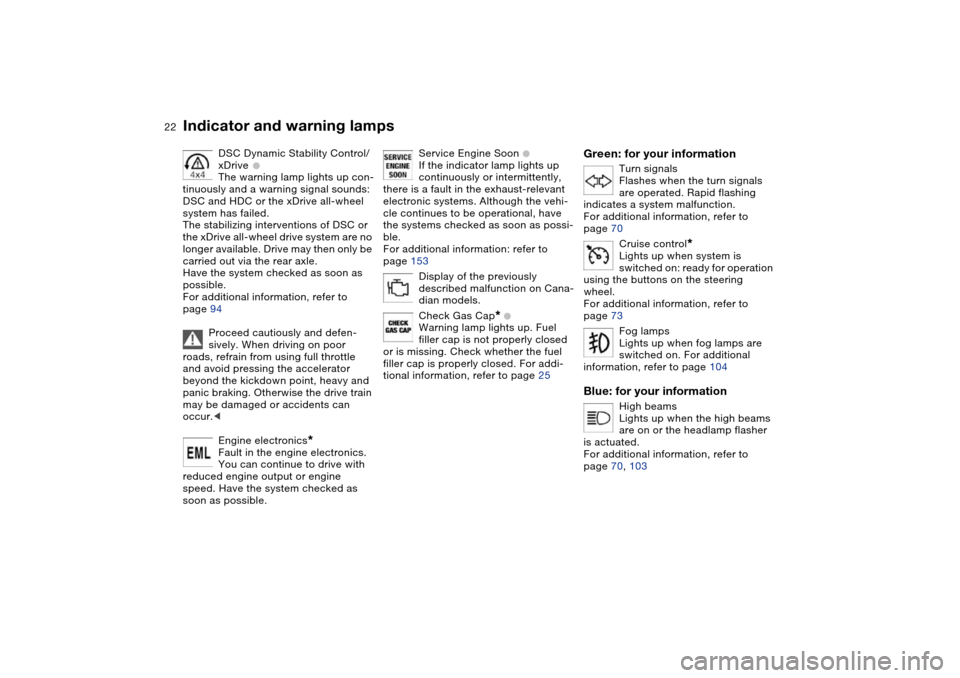 BMW X5 4.4I 2004 E53 Owners Manual 22n
Indicator and warning lamps 
DSC Dynamic Stability Control/
xDrive
 + 
The warning lamp lights up con-
tinuously and a warning signal sounds:
DSC and HDC or the xDrive all-wheel 
system has failed