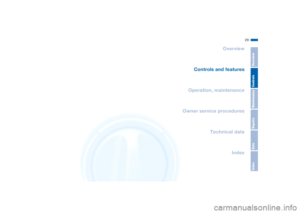 BMW X5 4.8IS 2004 E53 Owners Manual MaintenanceOverviewControlsRepairsDataIndex
29n
Overview
Controls and features
Operation, maintenance
Index Technical data
Owner service procedures 