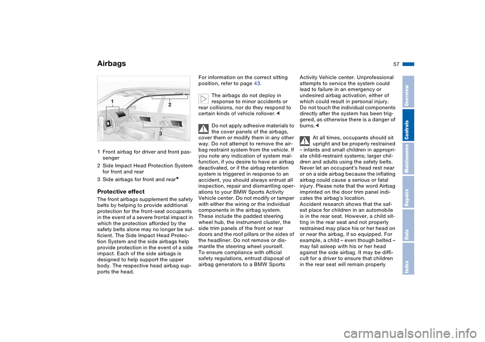 BMW X5 3.0I 2004 E53 Owners Manual 57n
OverviewControlsMaintenanceRepairsDataIndex
Airbags1Front airbag for driver and front pas-
senger 
2Side Impact Head Protection System 
for front and rear
3Side airbags for front and rear
* 
Prote