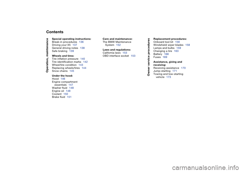 BMW X5 3.0I 2004 E53 Owners Manual  
Contents
 
Operation, maintenance
Owner service procedures
 
Special operating instructions: 
 
Break-in procedures136
Driving your X5137
General driving notes138
Safe braking139
 
Wheels and tires: