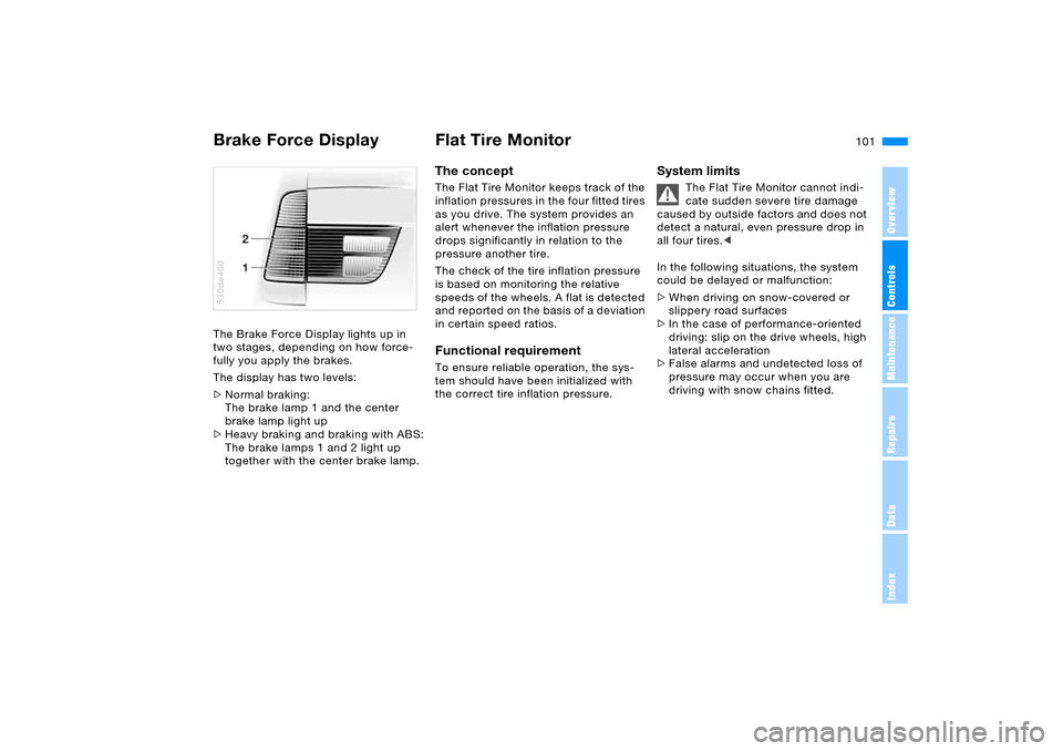 BMW X5 4.4I 2005 E53 Owners Manual 101n
OverviewControlsMaintenanceRepairsDataIndex
Brake Force Display  Flat Tire MonitorThe Brake Force Display lights up in 
two stages, depending on how force-
fully you apply the brakes.
The display