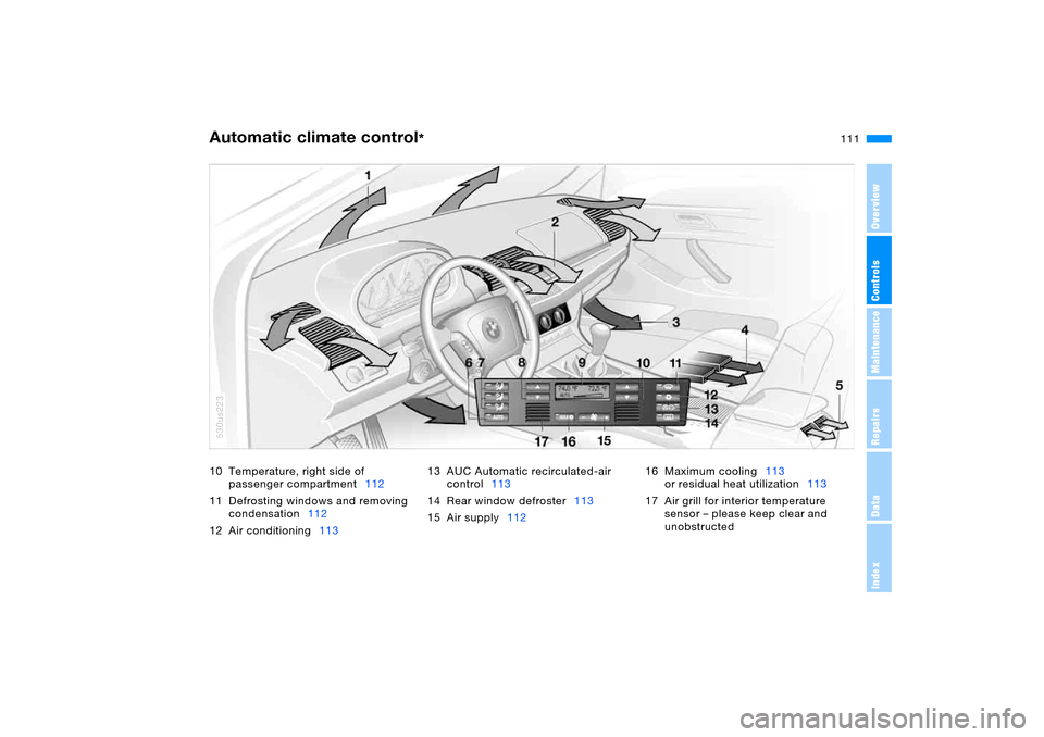 BMW X5 4.4I 2005 E53 Owners Manual 111n
OverviewControlsMaintenanceRepairsDataIndex
Automatic climate control
* 
10 Temperature, right side of 
passenger compartment112
11 Defrosting windows and removing 
condensation112
12 Air conditi