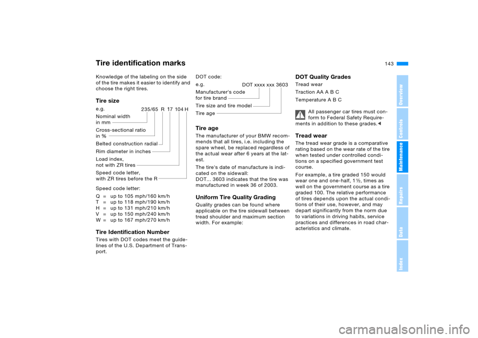 BMW X5 4.4I 2005 E53 Owners Manual 143n
OverviewControlsMaintenanceRepairsDataIndex
Tire identification marksKnowledge of the labeling on the side
of the tire makes it easier to identify and
choose the right tires.Tire sizeSpeed code BMW X5 4.4I 2005 E53 Owners Manual 143n
OverviewControlsMaintenanceRepairsDataIndex
Tire identification marksKnowledge of the labeling on the side
of the tire makes it easier to identify and
choose the right tires.Tire sizeSpeed code
