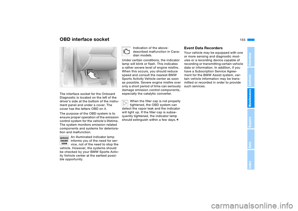 BMW X5 4.8IS 2005 E53 Owners Manual 155n
OverviewControlsMaintenanceRepairsDataIndex
OBD interface socketThe interface socket for the Onboard 
Diagnostic is located on the left of the 
drivers side at the bottom of the instru-
ment pan