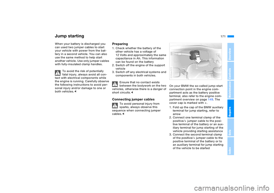 BMW X5 4.8IS 2005 E53 Owners Manual 171n
OverviewControlsMaintenanceRepairsDataIndex
Jump starting When your battery is discharged you 
can used two jumper cables to start 
your vehicle with power from the bat-
tery in a second vehicle.