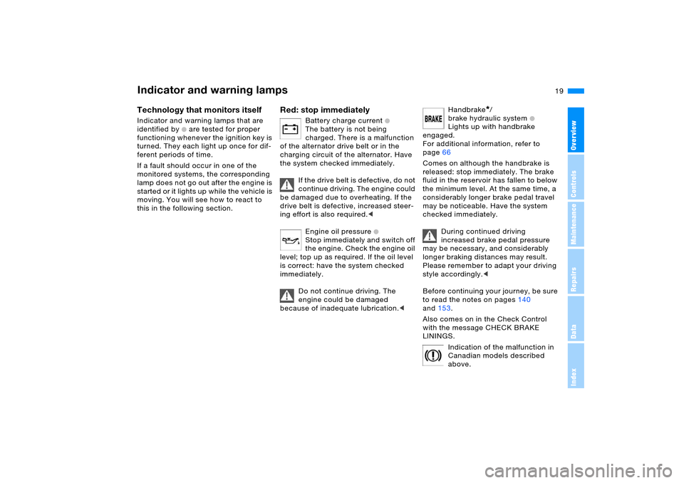 BMW X5 4.4I 2005 E53 User Guide 19n
OverviewControlsMaintenanceRepairsDataIndex
Indicator and warning lamps Technology that monitors itself Indicator and warning lamps that are 
identified by 
+ are tested for proper 
functioning wh