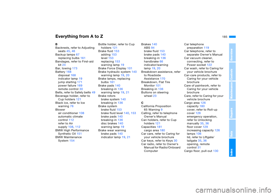 BMW X5 3.0I 2005 E53 Owners Manual Everything from A to Z
185n
OverviewControlsMaintenanceRepairsDataIndex
B
Backrests, refer to Adjusting 
seats45,46
Backup lamps67
replacing bulbs161
Bandages, refer to First-aid 
kit24
Bar, towing173