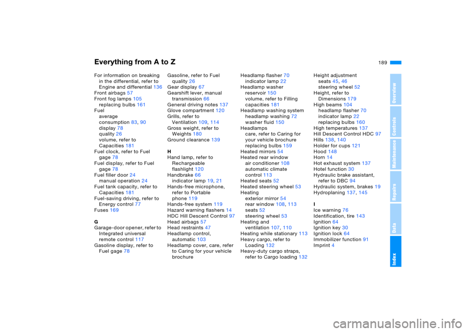 BMW X5 4.4I 2005 E53 Owners Manual Everything from A to Z
189n
OverviewControlsMaintenanceRepairsDataIndex
For information on breaking 
in the differential, refer to 
Engine and differential136
Front airbags57
Front fog lamps105
replac